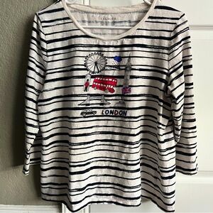 Talbots Striped London 3/4 Sleeve Graphic Top - Black and White